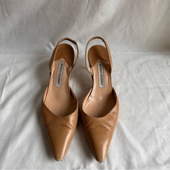 Manolo Blahnik Maysale Tan Leather Pointed Toe Sling Back Strap Heel EU Size 38 - Picture 5 of 6